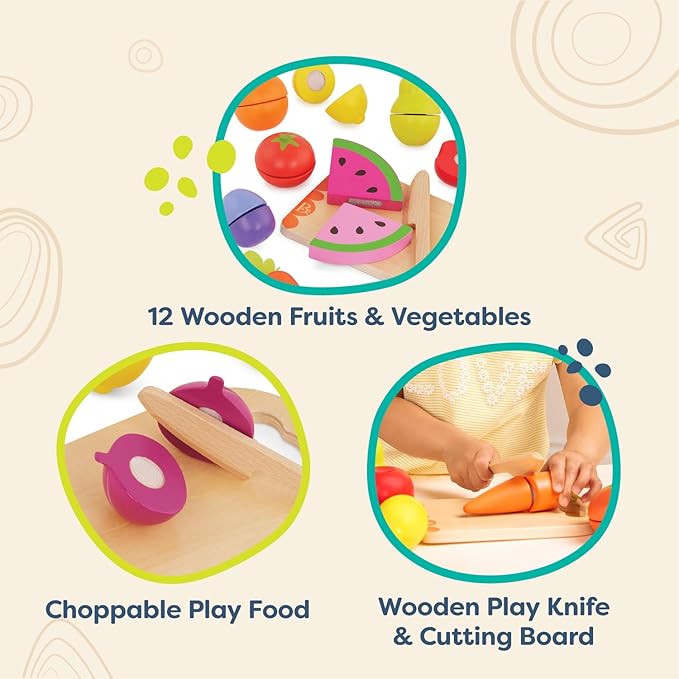 B. toys- Chop 'n' Play - Wooden Fruits & Veggies- Pretend Play Playset- Sliceable Play Food for Toddlers, Kids – Play Knife & Cutting Board – 2 Years +