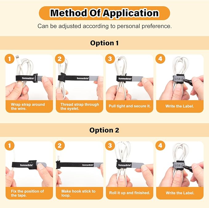SummerBrite 70 Pack Black Cable Ties Assorted Sizes (4, 6, 8 Inch) with Writable Labels, Reusable Cord Organizer Straps, Hook & Loop Wire Management for PC Desk Setup, Home Office & Electronics