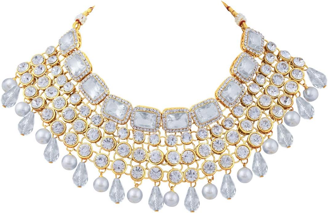 Aheli Kundan and Simulated Colored Stones Indian Ethnic Maang Tikka Necklace and Earrings Set Bollywood Festive Statement Jewelry Gift for Women