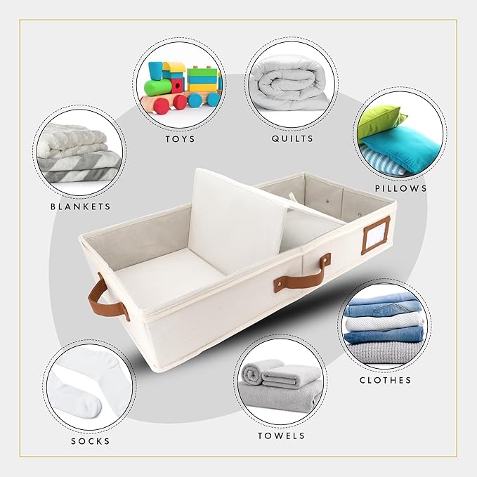 HOMELUX THEORY 2pc Under Bed Storage Containers, Bedroom Under the Bed Drawer Storage Organizer with Bins and Lids, Medium Underbed Clothes Storage Box Ideal for Blanket, Fabric, & Shoes (Ivory)