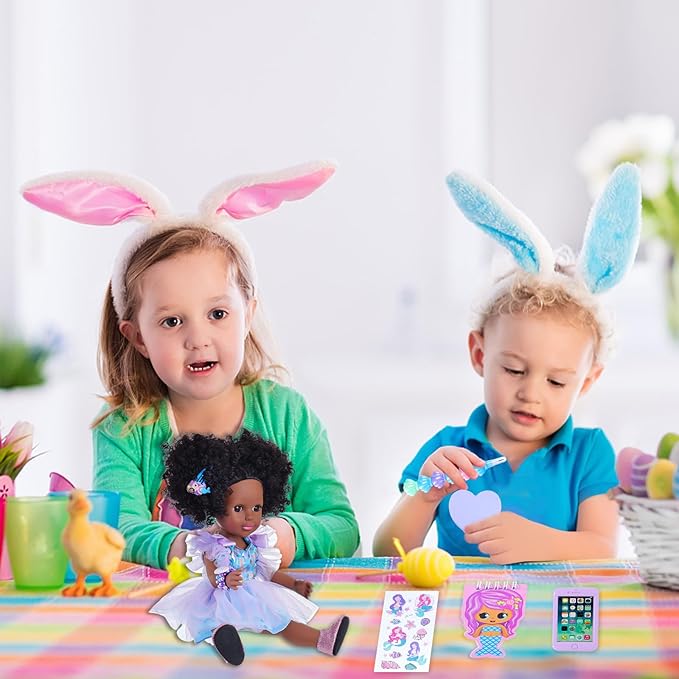 14.5 Inch Black Dolls Realistic Baby Doll Clothes and Accessories,Silicone African Baby Doll with Doll Princess Deep Sea Theme Dress Best Gift for Girls Kids