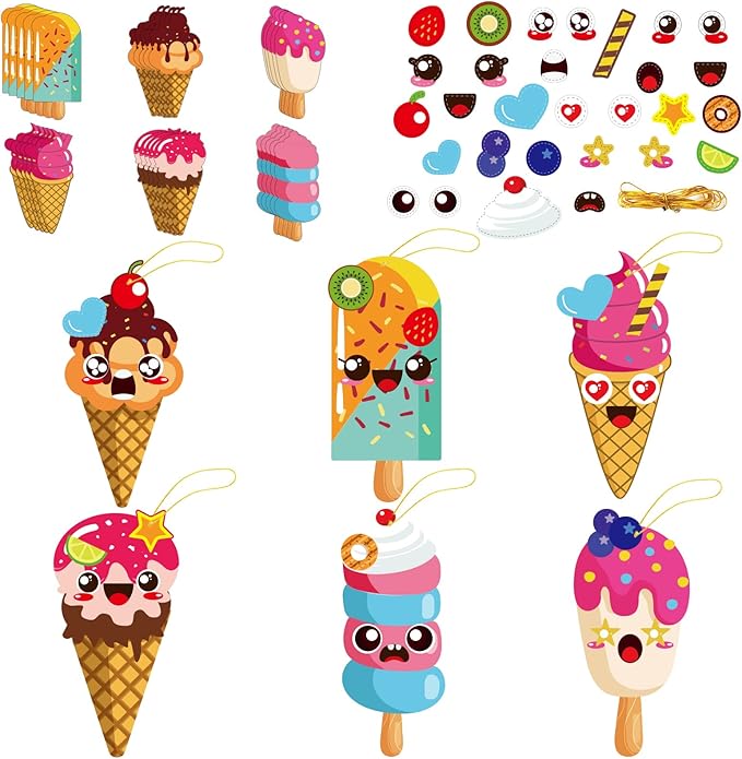 30 Packs Summer Ice Cream Craft Kits for Kids Sweets DIY Sticker Art Craft Set for Early Education Home Class Day-Care Fun Game Activities Summer Party Favors
