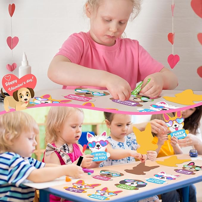 30 Sets Valentine's Day Craft Kit for Kids DIY Valentine Iridescent Cool Dog Magnet Craft Make Your Own Valentine Dog Craft for Valentine's Day Home Classroom Party Favor Game Activities