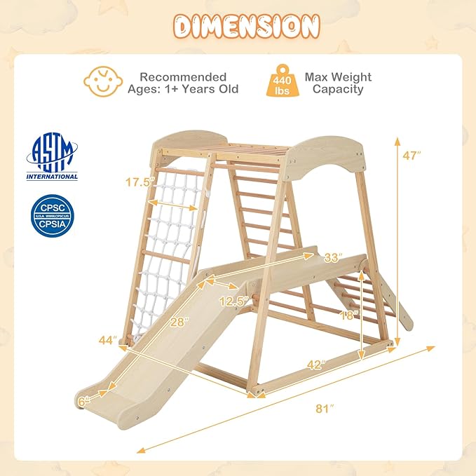 Costzon Indoor Jungle Gym, 6-in-1 Montessori Climbing Toys for Toddlers with Slide, Climbing Net, Monkey Bars, Wooden Playground Climber Playset for Kids Gifts Presents