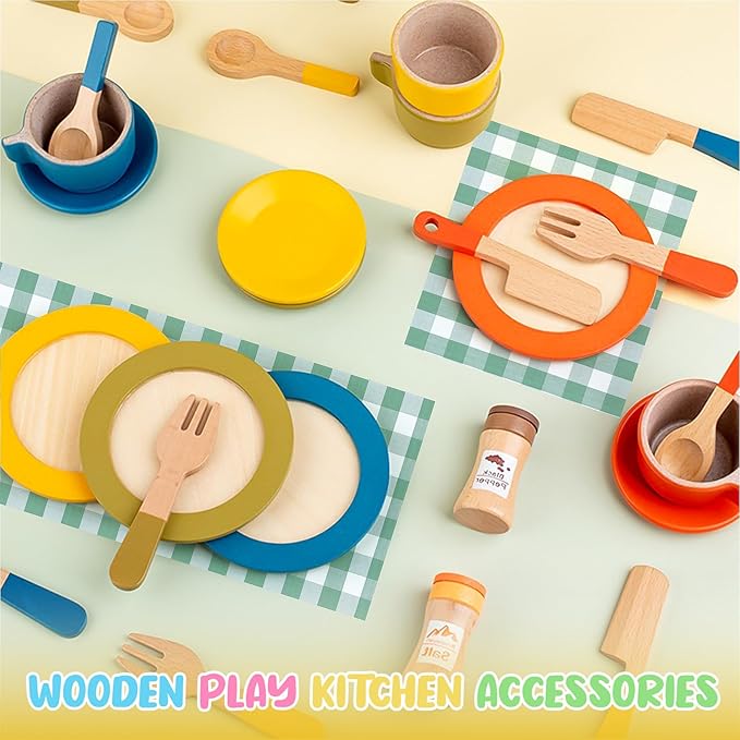 30 PCS Wooden Play Dishes and Plates for Kids, Montessori Wooden Kitchen Accessories Tableware Set Toys for Toddler Gifts, Pretend Play Food Sets for Children Birthday 3 4 5 6 Boys Girls