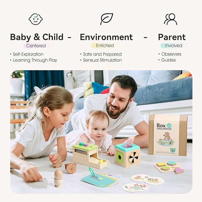 IEATFO Montessori Toys for Babies 9-12 Months, 7-in-1 Wooden Playful Learning Toys with Egg Cup, Castanets, Magic Tissue Box, Textured Shape Puzzle, Cylinder Drop Box and More, Stage-Based Toys
