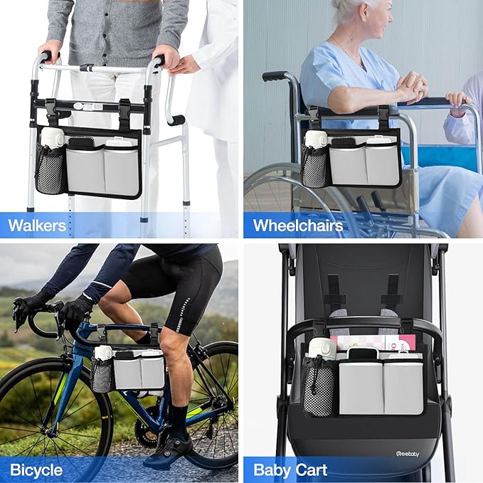 Wheelchair Bag, Walker Bag, Armrest Organizer Pouch with Cup Holder Attachment and Reflective Strip, Accessories for Most Wheelchairs, Walkers, Rollators (Grey)