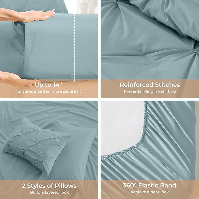Sasttie King Size Comforter Set, 7-Piece Bed in a Bag, Pintuck Bedding Sets for All Season, Includes Comforter, Flat Sheet, Fitted Sheet, Pillowcases and Pillowshams, Greylish Blue