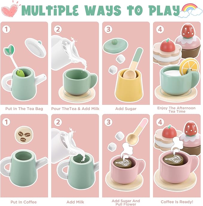 GAGAKU Wooden Tea Set for Kids, Wood Tea Party Set for Little Girls Wooden Coffee Afternoon Tea Toys Play Food forToddler Pretend Play Kitchen Accessories for Kids