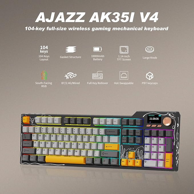 Ajazz AK35I V4 Customizable Wireless Gaming Mechanical Keyboard, Wired/Wireless 2.4G/BT, Gasket Structure, 10000mAh Battery, Full-Color RGB, 1.14-inch Color Screen, Knob, Multi-Function Keys.