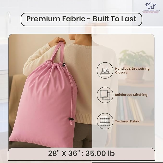 LFH Home Large Premium Cotton Canvas Laundry Bag with Drawstring and Handles Heavy Duty, Multi-Use, Washable for Home, Travel, College or Storage 28x36 (Pack of 4)-Pink