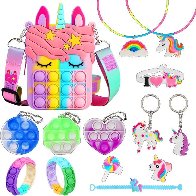 Fidget Purse, Pop Fidget Push It Bubble Popper Unicorn Bag with Bulk Fidget Bracelets Key Chain Stress Relief Toys for Girls Ages 3-12 Gift Easter Basket Stuffers Birthday Party Favor Xmas Stocking
