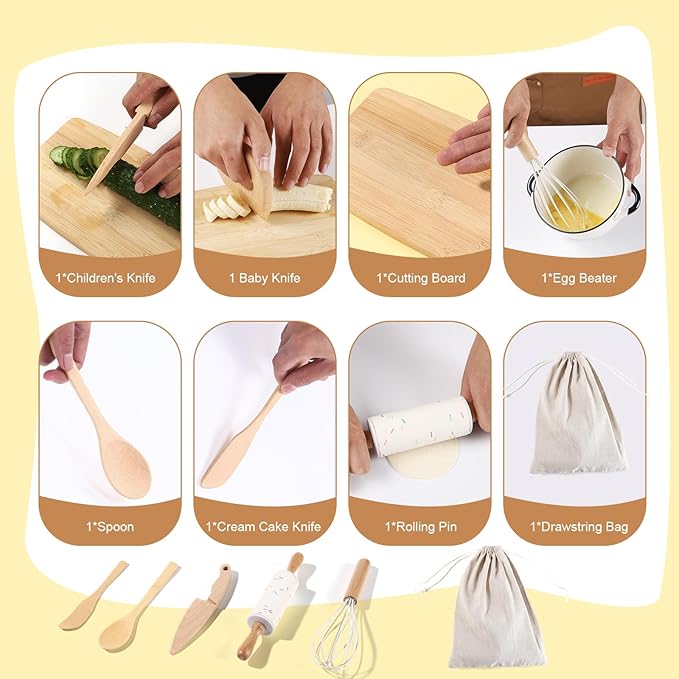 Kids Knife Set for Real Cooking, 8 PCs Kids Cooking Sets for Little Chef, Nature Wood Utensil