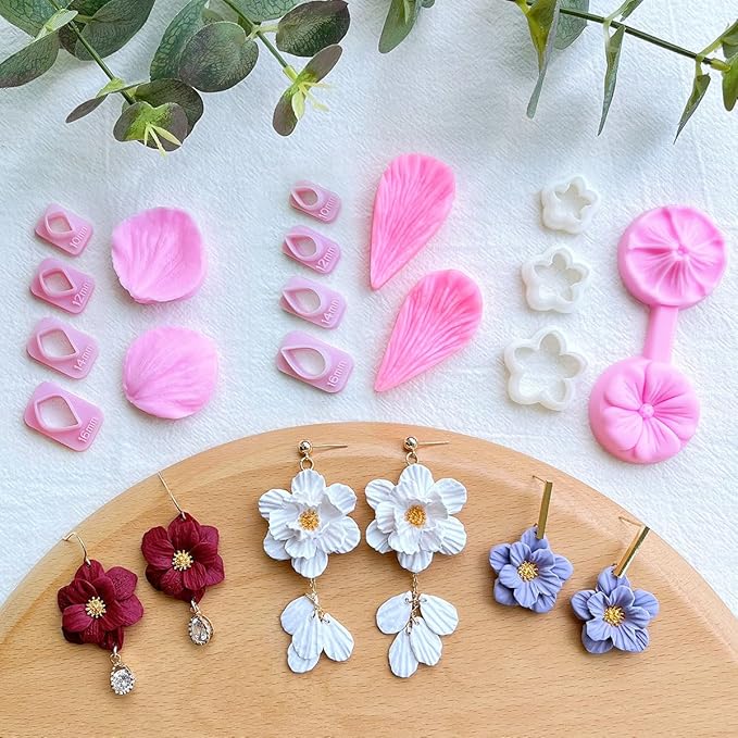 Keoker Flower Petal Clay Cutters - Polymer Clay Cutters for Earrings Making, 4 Shapes with Polymer Clay Petal Press Mold, Clay Cutters for Polymer Clay Jewelry (C)