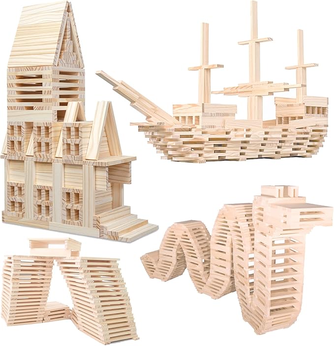 Wooden Building Blocks 100PCS Montessori STEM Toy for Kids, Solid Natural Pine Wood, Creative Shapes for 3D Space Stacking Games and Sensory Play, Educational Preschool Learning for Boys & Girls