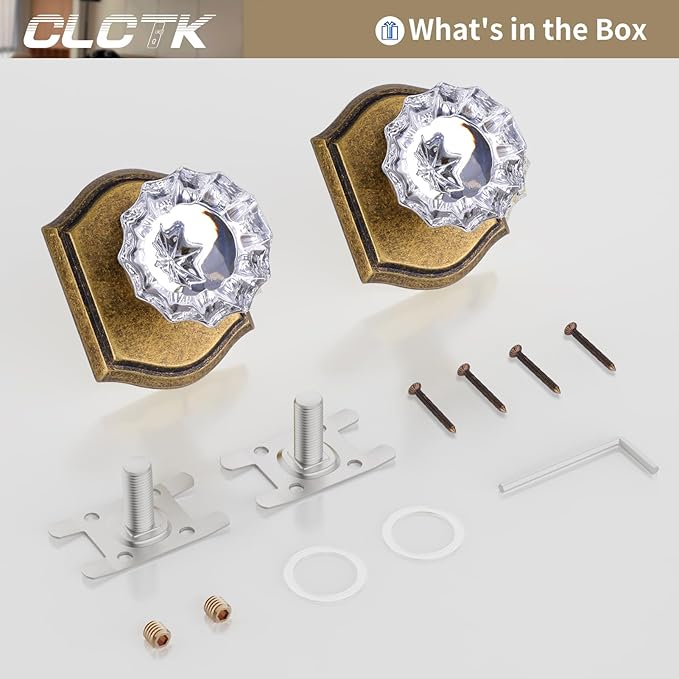 CLCTK Crystal Glass Dummy Door Knob, Closet Bifold Dummy Door Handles Non-Turning Single Side, Antique Brass, 2 Pack