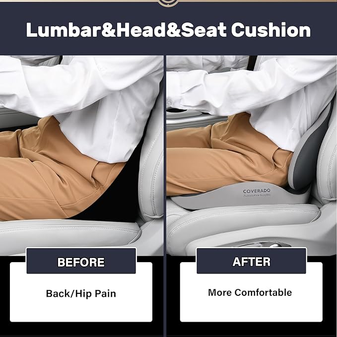Coverado Car Seat Cushion and Lumbar Support with Headrest Pillow Memory Foam Ergonomic Back Support Driving Seat Cushion Neck Head Pillow, Back Pain Relief, Cushion for Car Driver Office