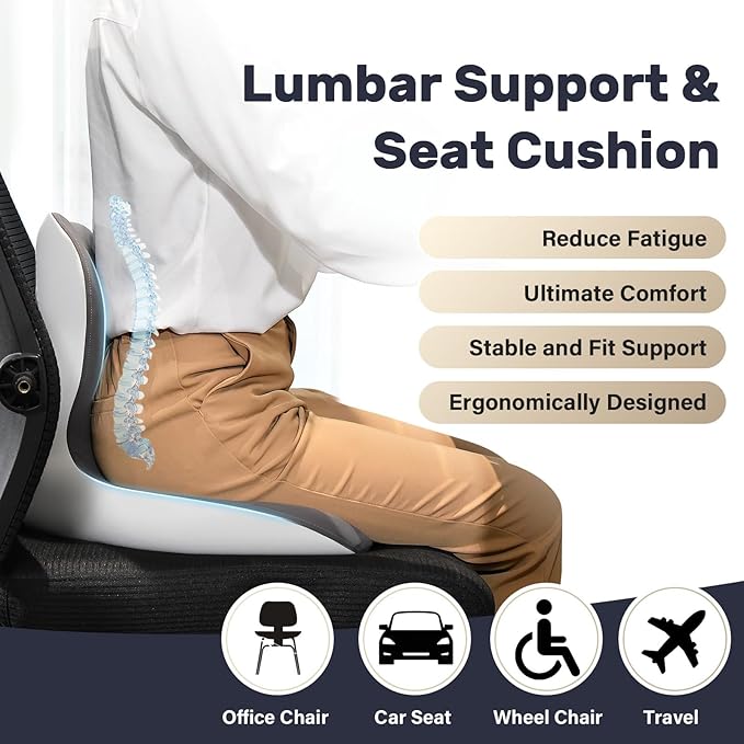 Coverado Car Seat Cushion and Lumbar Support Pillow One Piece, Memory Foam Ergonomic Back Support Driving Seat Cushion for Back Pain, Non-Slip Washable Cushion for Car, Driver, Office