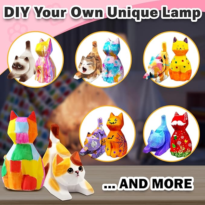 FUNZBO 2Pcs Paint Your Own Cat Lamp Kit - Arts and Crafts for Kids Teens Adults, Art Supplies Painting Kits for Kids, Toys Girls Boy Birthday Gift Ages 3 4 5 6 7 8 9 10 11 12 13+