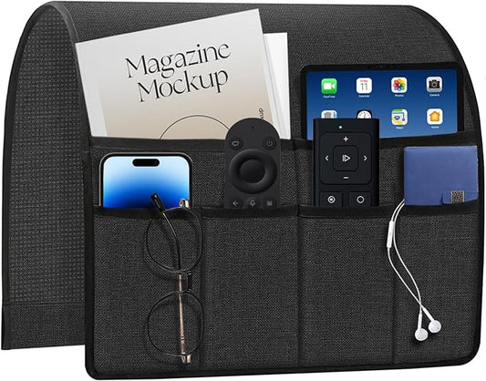 Remote Holder for Recliner Armchair & Couch, Non Slip Sofa Armrest Organizer Caddy with 6 Pockets Thick Linen Fabric Storage for Tablet, Phone, iPad, Magazine, 19x35 Inches, Dark Grey