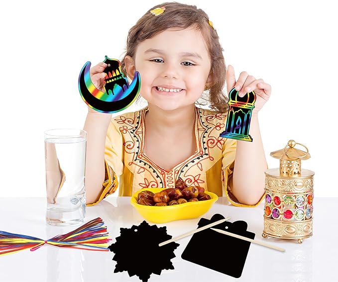 HOWAF 36pcs Ramadan Mubarak Scratch Paper Art Kit, Eid Mubarak Rainbow Scratch Off Cards for Eid Holiday Activity School DIY Drawing Project Supplies, Ramadan Kareem Paper Scratch Pad for Kids