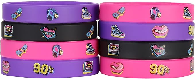 Cleverplay 24 Pack 90s Theme Silicone Wristbands Bracelets, Birthday Decoration Funny 1990's Hip Hop Party Favors for Adults
