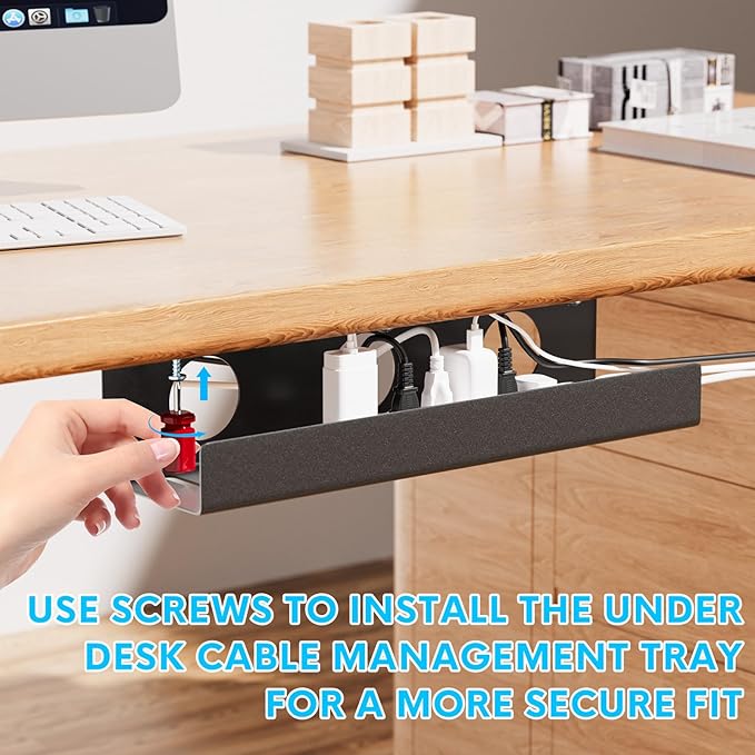Self-Adhesive Under Desk Cable Management Tray 2 Pcs Steel Under Desk Wires Organizer Power Strip Management No Drill Under Table Organizer for Cable Storage Holder for Office Home Table