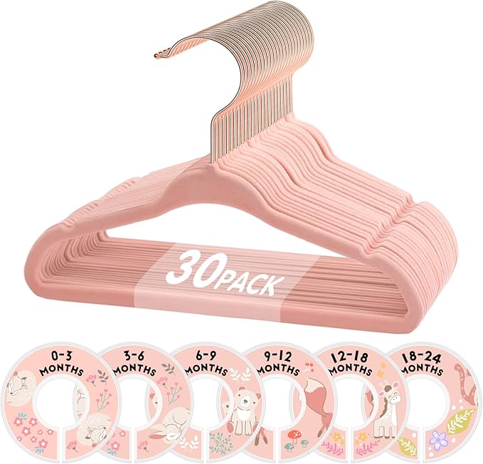 Baby Hangers, VIS'V 11 Inch Pink Velvet Kids Hangers with 6 Pcs Size Dividers Non Slip Nursery Children Closet Clothes Hangers for Infant Toddler Girls and Boys 30 Pcs