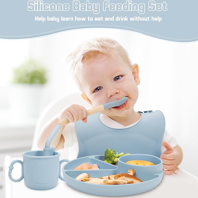 Silicone Baby Feeding Set, Baby Led Weaning Supplies, Silicone Suction Plate, Bowl, Spoons, Fork, Waterproof Bib, Cup and Food Tableware, Eating Utensils Baby Feeding Essentials for 3+ Months