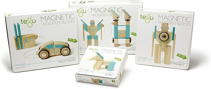 Tegu Robo Magnetic Wooden Block Set, Electric Aqua, 8 PIECE