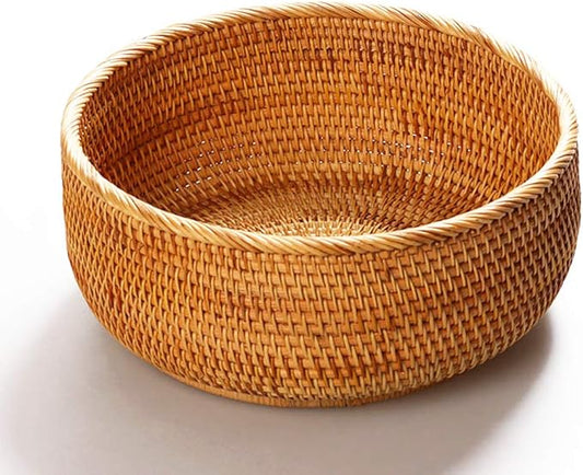 Hadewoven Round Rattan Fruit Basket Wicker Food Tray Weaving Storage Holder Dinning Room Bowl, 10 Inch Woven Bread Basket Key Bowls with 4”Wall for Table, Countertop (Large 9.8")