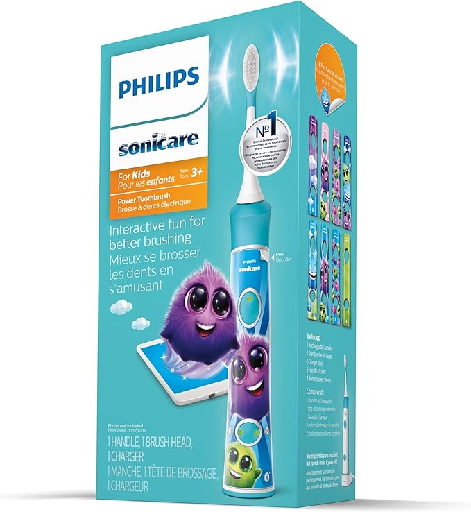 Philips Sonicare for Kids 3+ Bluetooth Connected Rechargeable Electric Power Toothbrush, Interactive for Better Brushing, Turquoise, HX6321/02