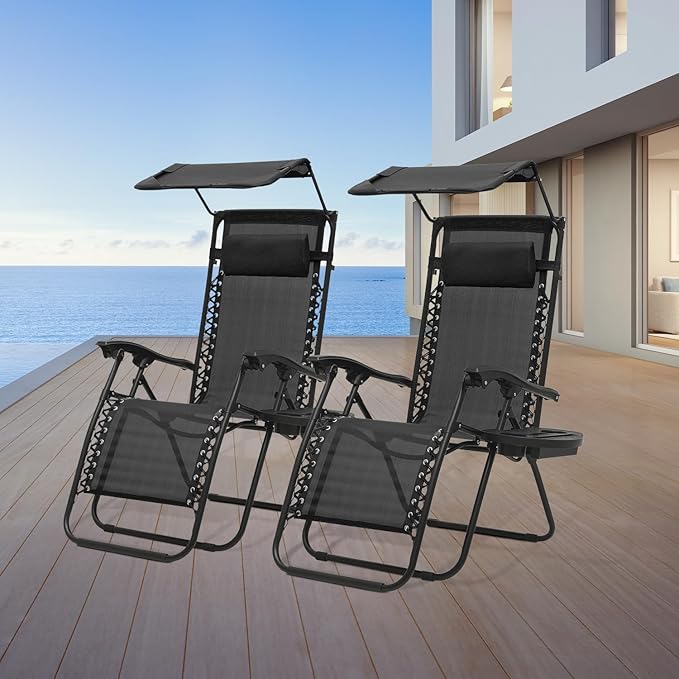 Athena Collection Zero Gravity Outdoor Lounge Chair Set of 2 with Canopy Shade, 25" Width Pool Lounge Lawn Chairs Reclining with Cup Holder, Outdoor Chaise for Beach Patio Outside, Black