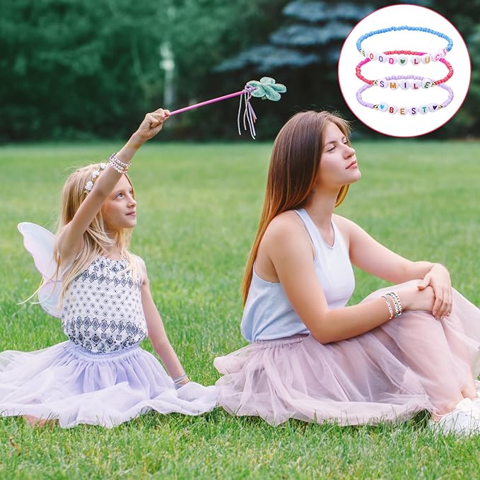 64 Pcs Kids Friendship Beaded Bracelets for Girls Jewelry Letter Beads Bracelets Bulk Colorful Cute Stretchy Rainbow Princess Dress up Gifts(Lovely)