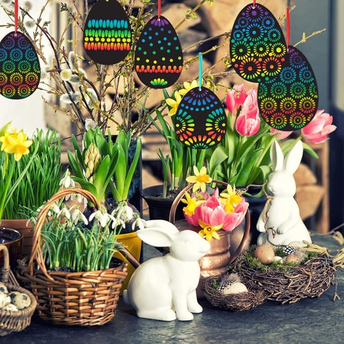 Koogel Easter Egg Scratch Art Set, 36 PCS Rainbow Scratch Art Mini Notes with Colorful Ribbon and Wooden Stick Crafts for Kids Party Favor Easter Decor Tree Decor