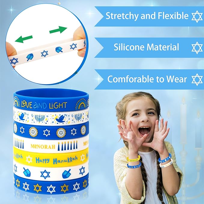 JUNEBRUSHS 42Pcs Hanukkah Party Favors Silicone Bracelets Rubber Chanukkah Wristbands Supplies for Adults Hanukkah Decorations Accessories Goodie Stuffers Fillers(7 Designs)