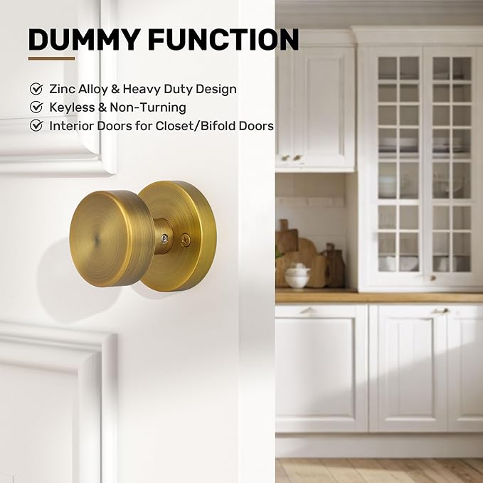 4 Pack Antique Brass Dummy Door Knobs Interior, Old Style Round Door Knob Antique Door Handle for Pantry Closet Bifold Door Knob