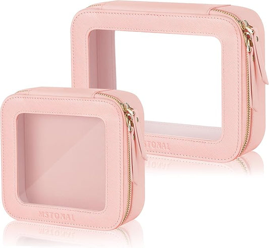 MSTONAL Clear Makeup Bag, Travel Toiletry Bag Cosmetic Case for Women, Waterproof Portable Make Up Skincare Pouch with Zipper, Compact Car Organizer Bag for Essentials, Mini & Medium, Pink