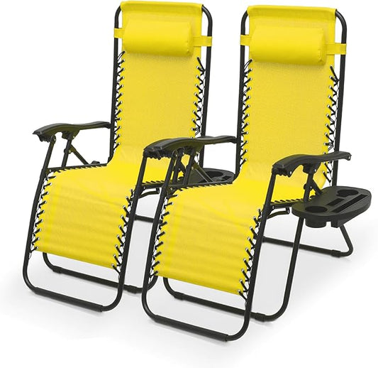 Athena Collection Zero Gravity Outdoor Lounge Chairs Set of 2, 25" Width Pool Lounge Lawn Chairs Reclining with Cup Holder, Outdoor Chaise for Beach Patio Backyard Outside, Yellow