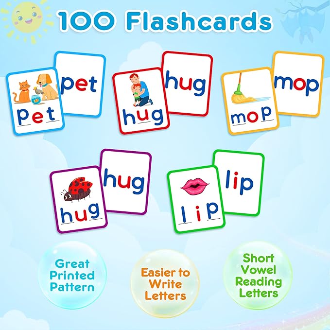 KMUYSL Learning Toys for 2 3 4 5 Years Olds Boys Girls, Short Vowel Spelling Flashcards, CVC Sight Words Handwriting Cards, Learn to Write Phonics Flash Cards, Presschool Educational Toy for Kids