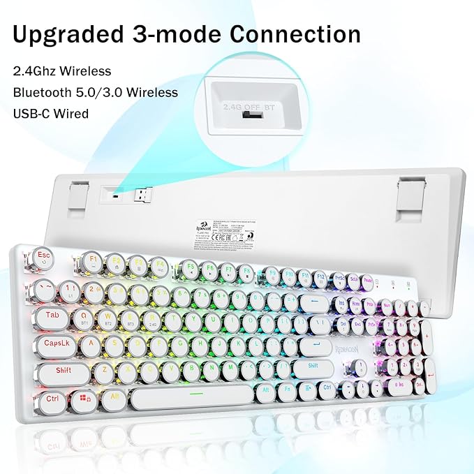 Redragon K710 Wireless Typewriter Mechanical Gaming Keyboard, Bluetooth/2.4Ghz/Wired, RGB LED Backlit, Blue Switch - Clicky, Rechargeable, Solid Metal Panel, Round Keycaps, White