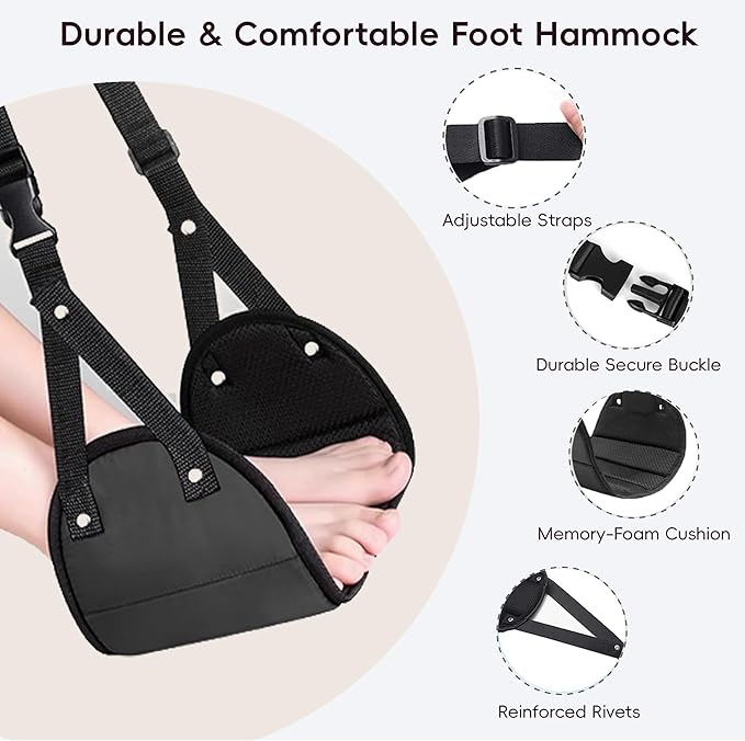 Foot Hammock for Plane Travel, Airplane Foot Hammock, Adjustable Foot Rest Sling, Airplane Gadgets Travel Essentials for Long Time Flight (Black)