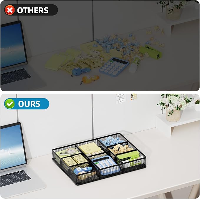 Marbrasse Desk Drawer Organizer, Metal Mesh Drawer Organizer Tray with 5 Adjustable Compartments,Desk Organizers and Accessories for Home,Office,Kitchen,Makeup,Vanity (Black)