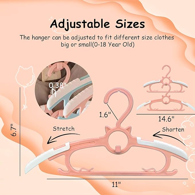 Baby Hangers for Nursery Closet, Infant Hangers Extendable and Non-Slip for Newborn Toddler Kids Clothes,11"-14.6" Adjustable Children Coat Pant Hanger for Girl and Boy Nursery Must Have (40pcs Pink)
