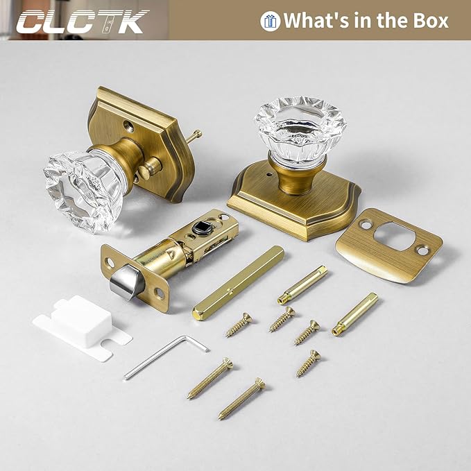 Glass Door Knobs Interior, Vintage Style Privacy Crystal Door Knobs with Lock, Antique Brass Door Knobs for Bedroom Bathroom, Push Pin Button Inside Lock, 1 Pack