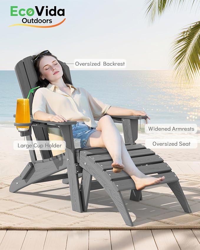 Upgraded Folding Adirondack Chair with All-Weather Cup Holder-EcoVida, Premium Wood Grain Texture, HDPE Waterproof, Suitable for Fire Pit, Patio, Porch,Grey