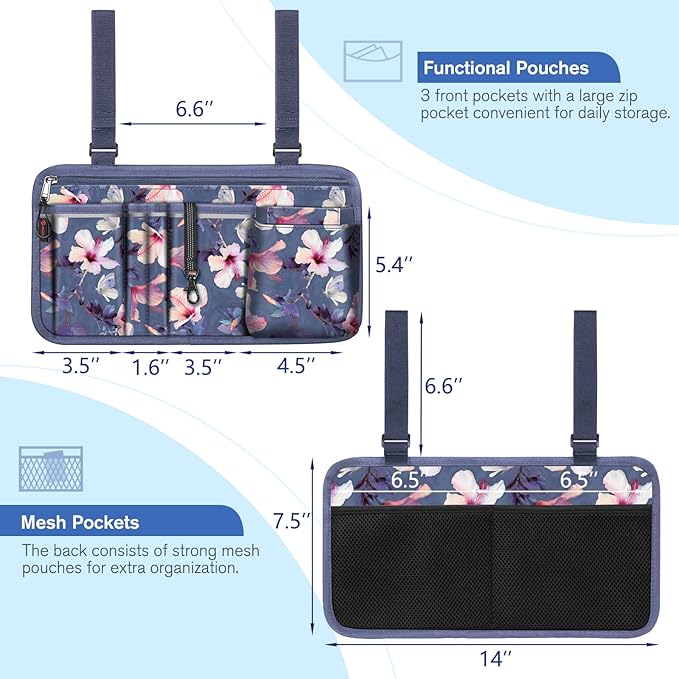 FINPAC Wheelchair Side Storage Bag w/Cup Holder, Wheelchair Armrest Accessories Pouch with Pen Slot and Reflective Strips for Power Walkers, Rollators, Seniors - Blooming Hibiscus