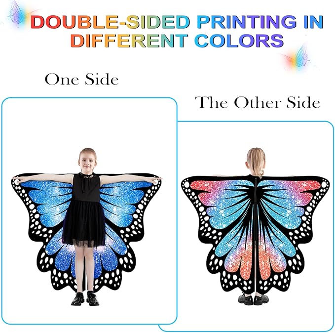 Butterfly Wings For Girls, Double-Sided Fairy Wings, Halloween Costumes for Kids, 3PCS Butterfly Cape Set.