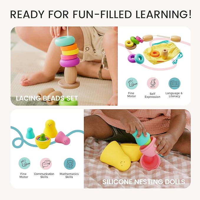 Tiny Land Montessori Toy Set for Baby 16-18 Months Adventure Play Kit - 7-in-1 Ramp Race Track, Shape Sorting and Color Matching Box, Lacing Beads Set, Silicone Nesting Dolls, Animals Board Book