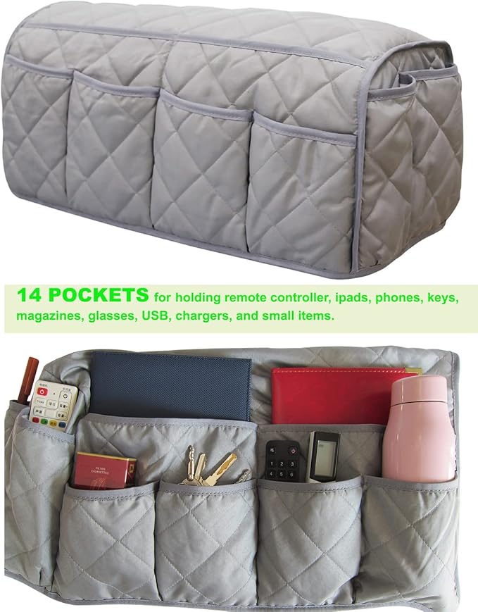 Sofa Armrest Organzier for Remote Control Holder with 14 Pockets for Recliner Organizer Armchair Caddy Organizer for Glasses Keys Phones ipads Storage, Gray